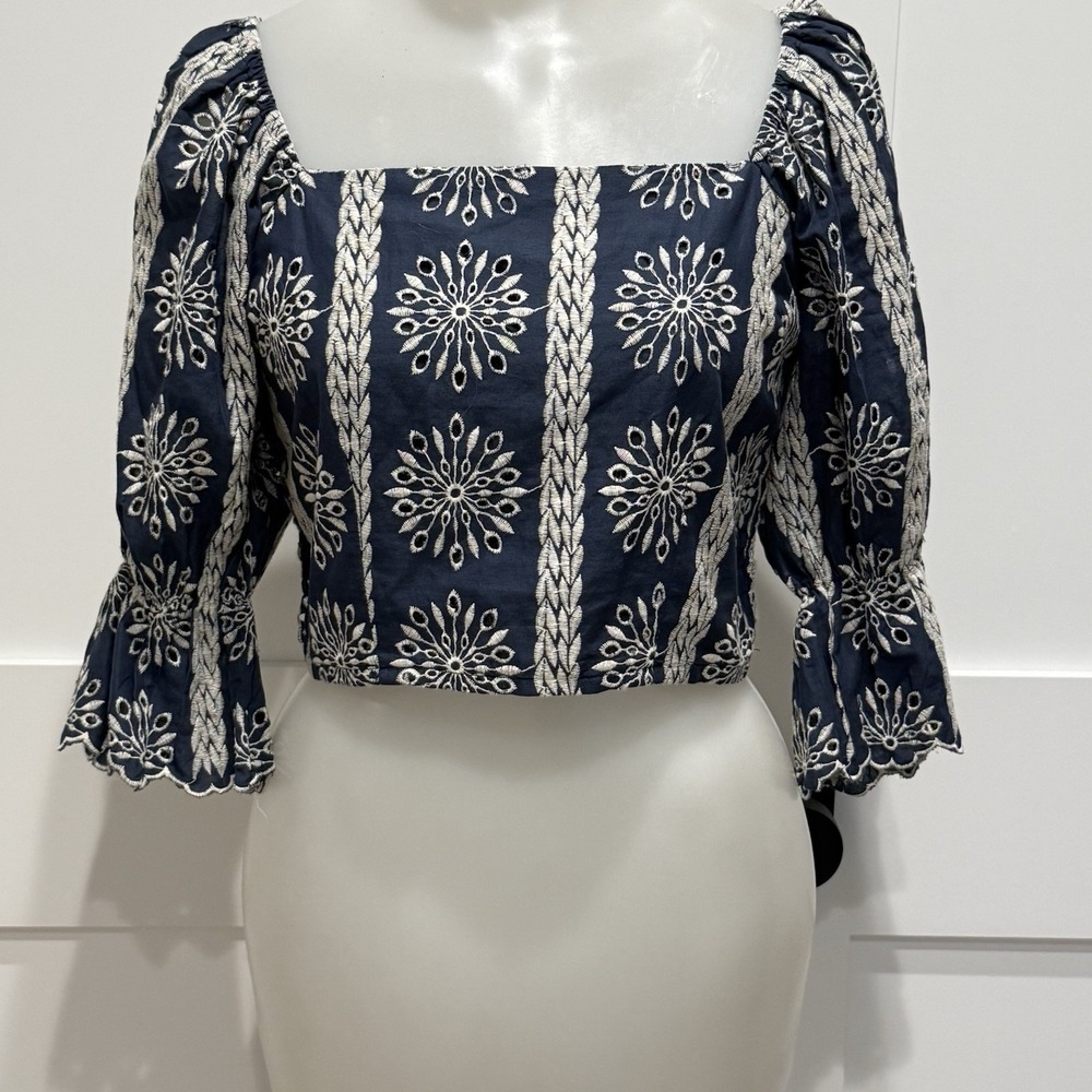 Boho Folk Embroidered Peasant Blouse Navy Blue White Floral Puff Sleeves